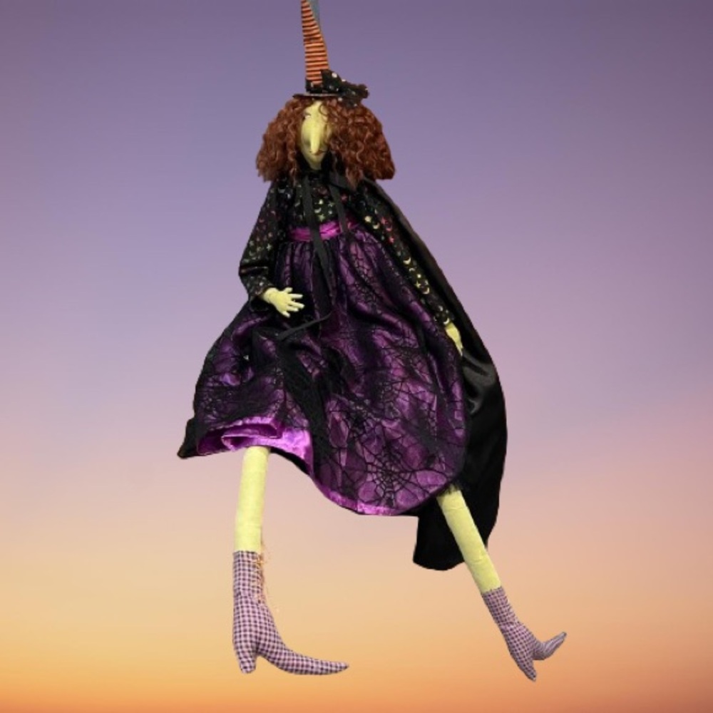Fabric Witch Doll Handmade Purple Black Spiderweb Halloween Decor Folk Art 41”